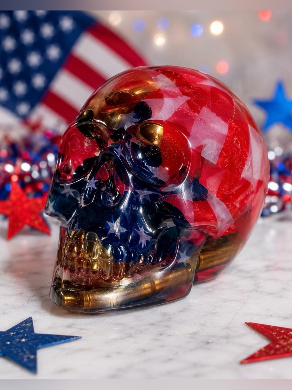 American Flag Resin Skull Décor — Red, Blue, Gold